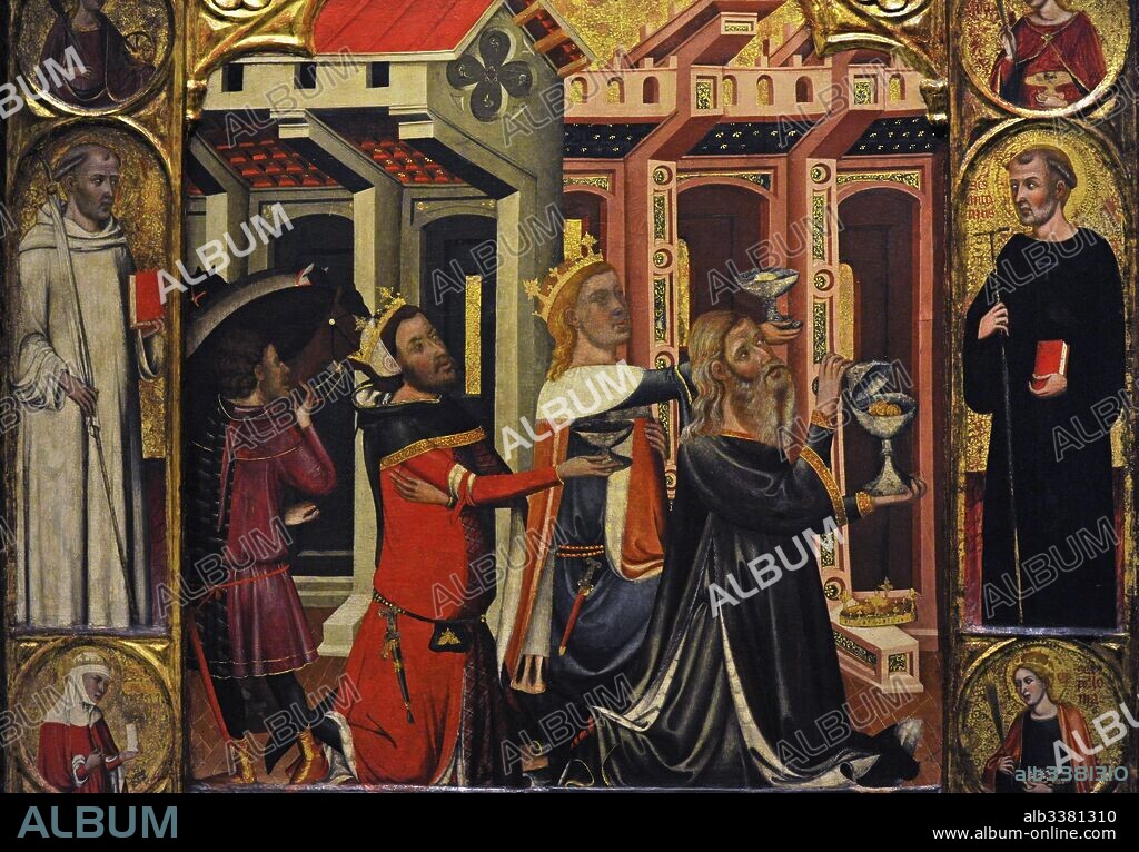 Ferrer y Arnau Bassa (siglo XIV). Pintor español. Panel de un retablo con la representación de la Epifanía, hacia 1347-1360. Procede de la Colegiata de Sant Vicenç de Cardona, provincia de Barcelona. Museo Nacional de Arte de Cataluña. Barcelona. Cataluña. España. Ferrer and Arnau Bassa (14th century). Spanish painter. Panel of an altarpiece depicting the Epiphany, ca.1347-1360. From the Collegiate Church of Sant Vicenc de Cardona, Barcelona province. National Art Museum of Catalonia. Barcelona. Catalonia. Spain.
