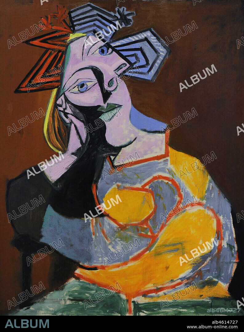Pablo Picasso (Pablo Ruiz Picasso) (1881-1973). Pintor español. Femme assise accoudée (Mujer sentada acodada), 8 de enero de 1939. Es un retrato de Marie-Thérèse Walter (1909-1977), una modelo francesa con la que el artista mantuvo una relación sentimental. Oleo sobre lienzo, 92 x 73 cm. Museo Nacional Centro de Arte Reina Sofía. Madrid. España.