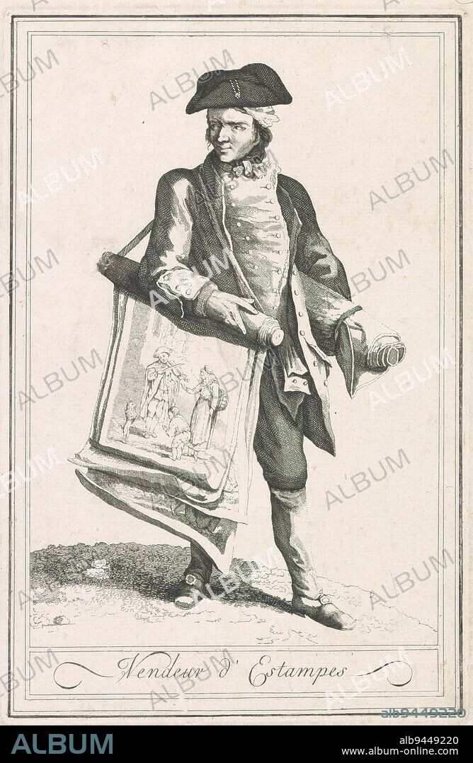 Itinerant print dealer, Vendeur d'Estampes (title on object), A print dealer carrying a roll of prints on a cord around his right shoulder and under his left arm. The print features a man with a violin and a dancing dog., print maker: Johann Christian Brand, after design by: Johann Christian Brand, Vienna, 1775 - c. 1800, paper, etching, height 325 mm × width 213 mm.