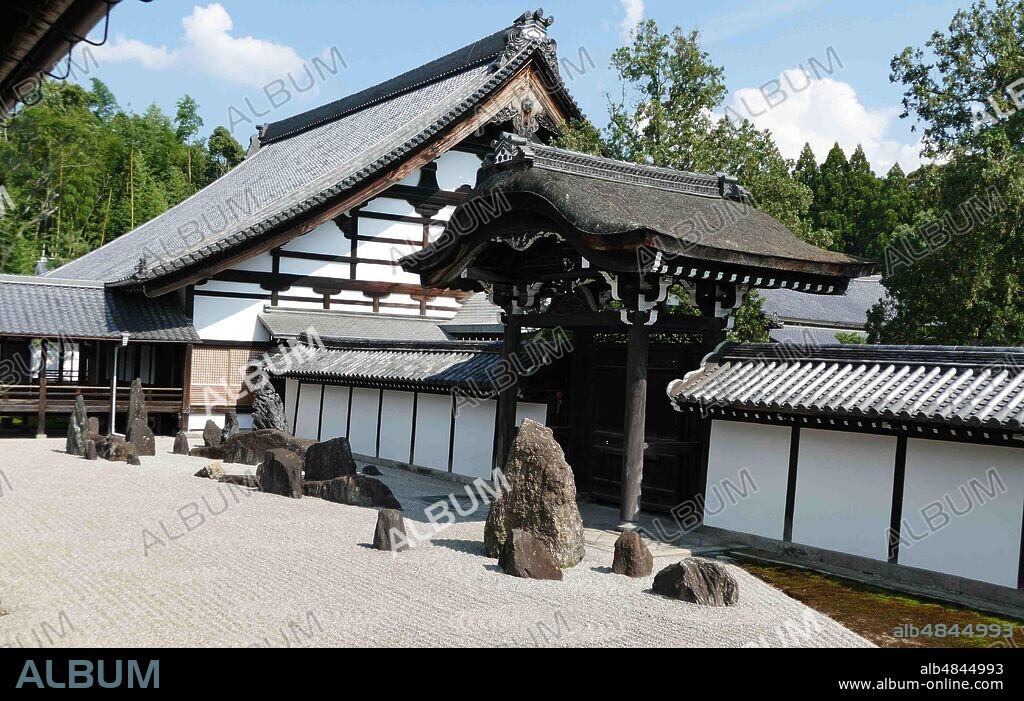 Saiho-ji, Rinzai Zen, Buddhist temple, Kyoto, Japan. The temple, which is famed for its moss garden, is commonly referred to as "Koke-dera" was, primarily constructed to honor Amitabha. In 1994, Saiho-ji was registered as a UNESCO World Heritage Site. The main hall of the temple, known as Sairai-do was reconstructed in 1969. The paintings on the sliding doors are the work of Insho Domoto.