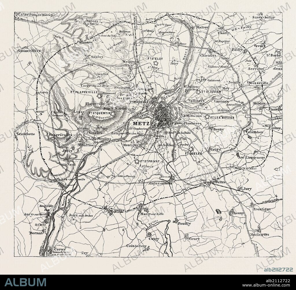 FRANCO-PRUSSIAN WAR: MAP OF VICINITY OF METZ, INDICATING THE POSITION OCCUPIED BY the besieging army 1870.