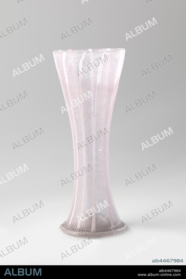 Filigree glass cup, Cup with inserted bottom. Ribbed, colorless stand ring. Concave body with vertical fused opaque white threads., anonymous, West-Europa, c. 1675 - c. 1700, glass, glassblowing, h 22.1 cm × d 8.2 cm.