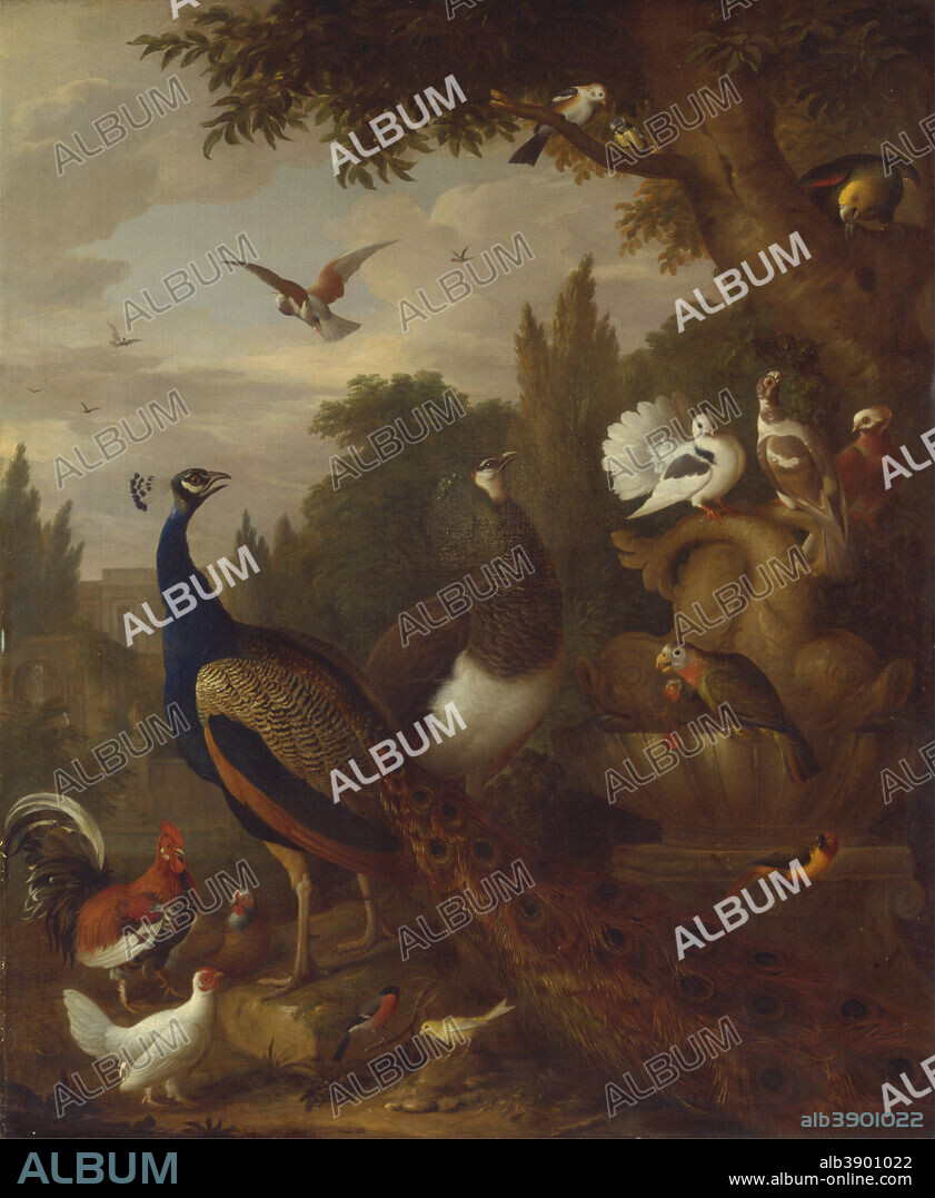 JAKOB BOGDANI. Peacock, peahen, parrots, canary, and other birds in a park. Date/Period: Between 1708 and 1710. Painting. Oil on canvas. Height: 1,670 mm (65.74 in); Width: 1,372 mm (54.01 in).