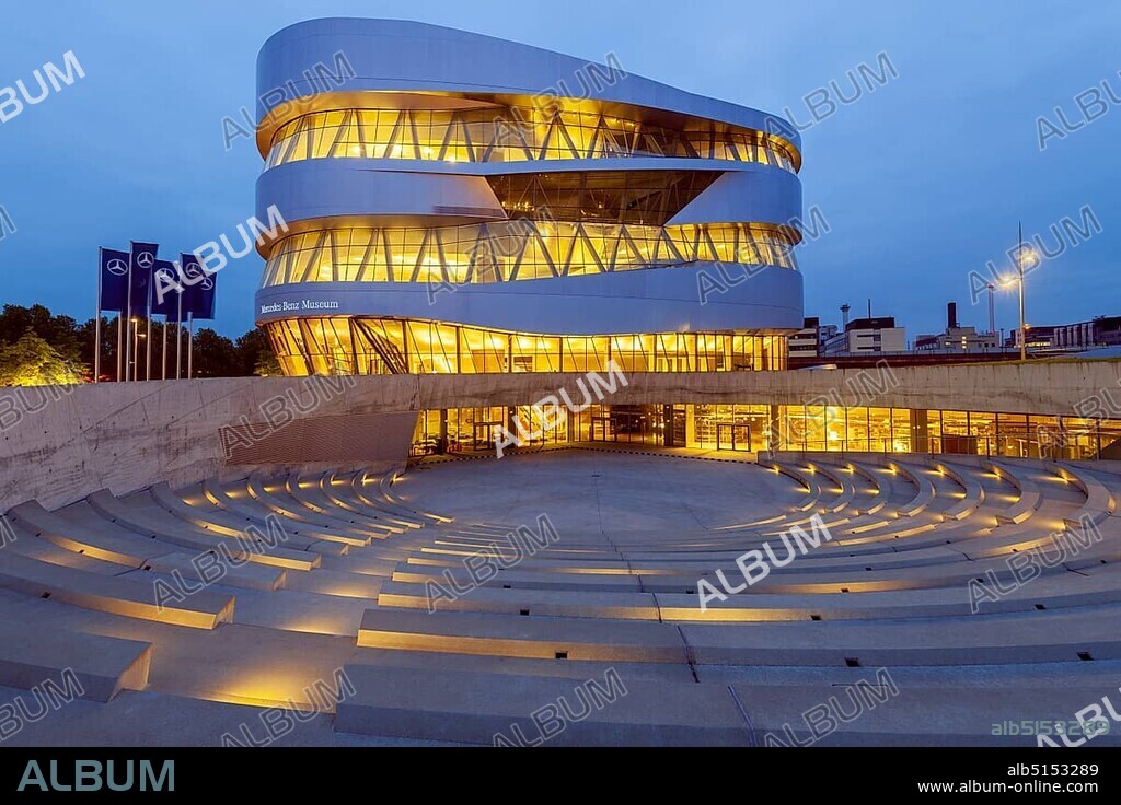 Mercedes-Benz Museum, evening, illuminated, modern architecture, Daimler, Bad Cannstatt, Stuttgart, Baden-Württemberg, Germany