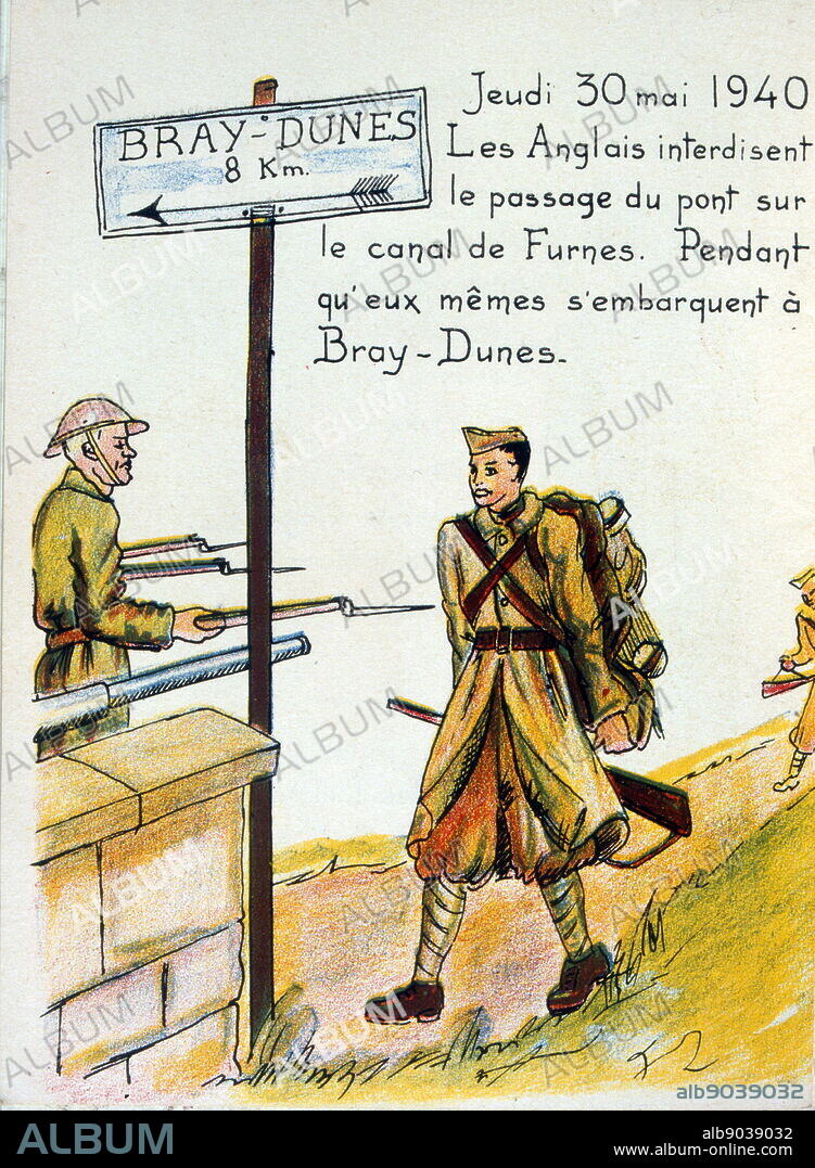 French occupation propaganda illustration showing British soldier guarding the evacuation from Dunkirk. Operation Dynamo, the Allied evacuation of 340,000 troops from Dunkirk, begins. The move will last until June 3 under ferocious bombardment by the Luftwaffe.