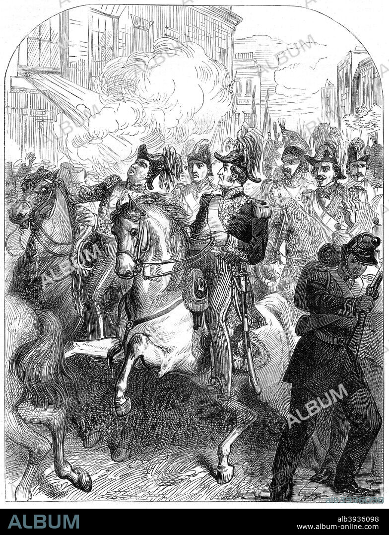 The attempt to assassinate King Louis Philippe of France, Paris, 1835. On 28th July 1835 a Corsican ex-soldier named Giuseppe Marco Fieschi detonated a bomb in an attempt to kill Louis-Philippe while he was on the way to a military review. The bomb killed twelve people, including Edouard Mortier, Marshal of France, but the king was unharmed. Fieschi, himself injured in the explosion, was arrested, tried and sentenced to death by guillotine.