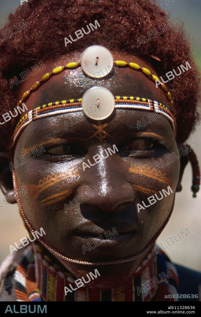 Samburu Moran wearing traditional beads, Sererit, Kenya, East Africa, Africa.