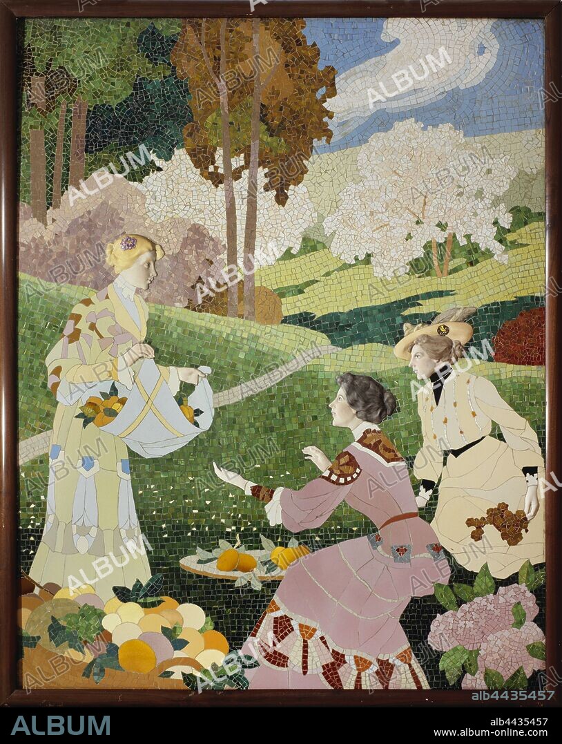 Josep Pey i Farriol / Tres mujeres cogiendo fruta.. Plafón decorativo. Mosaico, cerámica y fragmentos de baldosa de Valencia, las cara i las manos estan realizadas con la técnica bescuit de porcelana. Talleres Homar. 187 x 142, 5 cm.