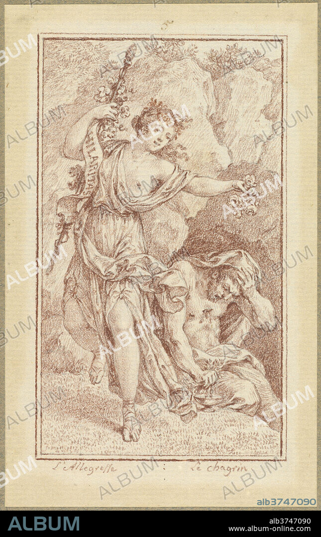 CHARLES-NICOLAS COCHIN II. Gaiety and Grief. Dated: 1774/1775. Dimensions: overall (sheet): 12.7 x 7.9 cm (5 x 3 1/8 in.)  image (to border line): 10.8 x 6.3 cm (4 1/4 x 2 1/2 in.). Medium: red chalk with touches of black chalk on laid paper, laid down, with border lines drawn by the artist.