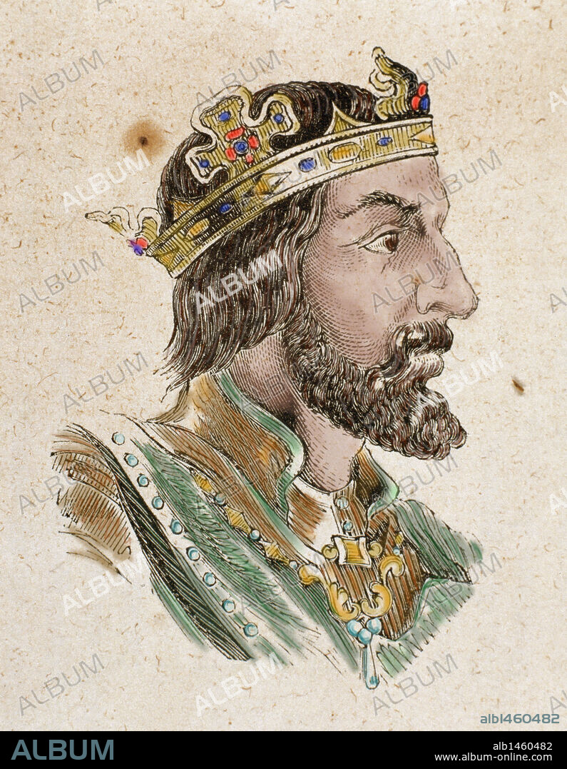 Rey WITIZA (700 a 709). Sucesor de Egica. Convocó el XVIII Concilio de Toledo y añadió nuevas leyes al Liber Iudiciorum. Grabado coloreado.