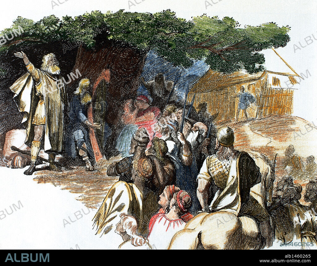 BARDO. Entre los antiguos celtas, poeta que componía panegíricos y cantos de guerra, aunque posteriormente, pasó a describir al poeta heroico o lírico de cualquier época o país. "BARDOS GERMANOS". Grabado coloreado.