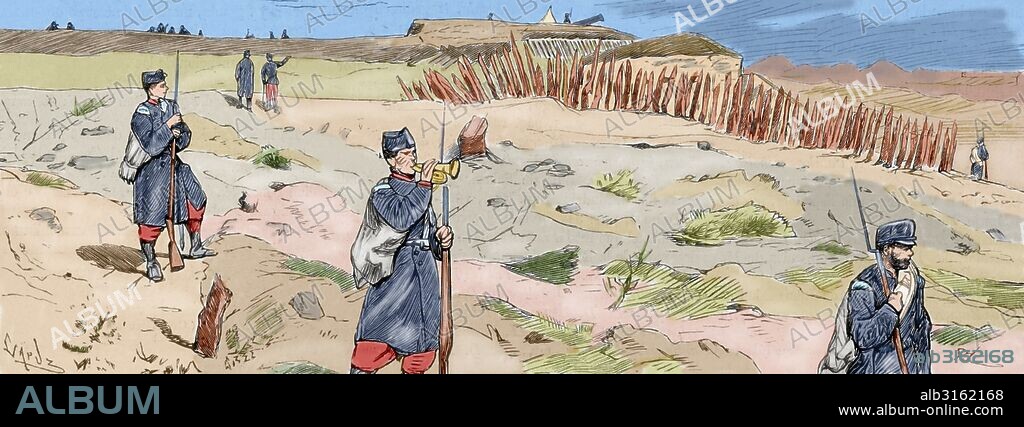 TERCERA GUERRA CARLISTA (1872-1876). Navarra. Monte-Esquinza. Reducto de Alfonso XII en la ermita de San Cristóbal. Grabado por Capuz. La Ilustración Española y Americana, 1875. Coloreado.