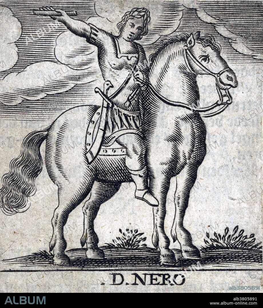 Nero (Nero Claudius Caesar Augustus Germanicus (37 - 68 AD) was Roman Emperor from 54 to 68, and the last in the Julio-Claudian dynasty. During his reign, Nero focused much of his attention on diplomacy, trade, and enhancing the cultural life of the Empire. He ordered theaters built and promoted athletic games. Nero's rule is often associated with tyranny, extravagance and executions (including his mother and stepbrother). In 64, most of Rome was destroyed in the Great Fire of Rome. For six days and seven nights the citizens of ancient Rome watched helplessly as their city burned. After it was over, 70 percent of the city had been destroyed. Many Romans believed Nero himself had started in order to clear land for his planned palatial complex, the Domus Aurea. In 68, the rebellion of Vindex in Gaul and later the acclamation of Galba in Hispania drove Nero from the throne. Facing assassination, he committed suicide. One of a set of twelve engravings of Roman emperors on horseback, Netherlands, 17th century.