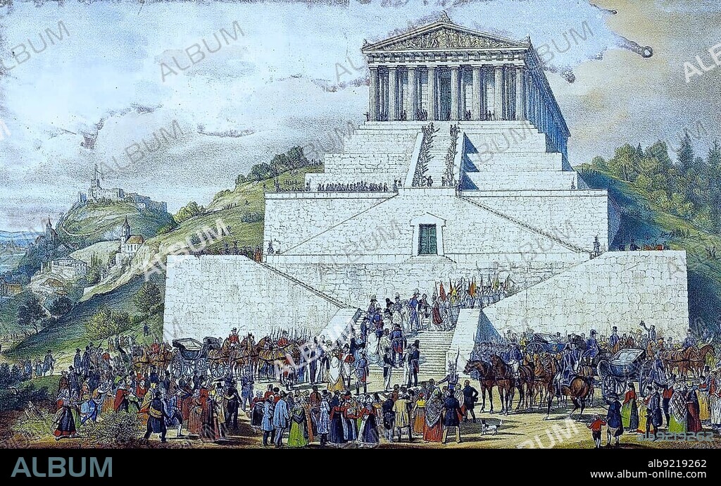 The inauguration of the Walhalla, 1842, near Donaustauf, district of Regensburg, Upper Palatinate, Bavaria, Germany, Historic, digitally restored reproduction of an original artwork from the time, exact original date not known, Europe.