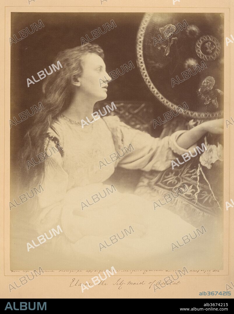 Elaine the Lily - Maid of Astolat. Artist: Julia Margaret Cameron (British (born India), Calcutta 1815-1879 Kalutara, Ceylon). Dimensions: 34.3 x 28.4 cm (13 1/2 x 11 3/16 in. ). Date: 1874.
In 1874 Tennyson asked Cameron to make photographic illustrations for a new edition of his Idylls of the King, a recasting of the Arthurian legends. Responding that both knew that "it is immortality to me to be bound up with you," Cameron willingly accepted the assignment. Costuming family and friends, she made some 245 exposures to arrive at the handful she wanted for the book. Ultimately--and predictably--she was unhappy with the way her photographs looked reduced in scale and translated into wood engravings, and she chose to issue a deluxe edition, at her own risk, that included a dozen full size photographic prints in each of two volumes.