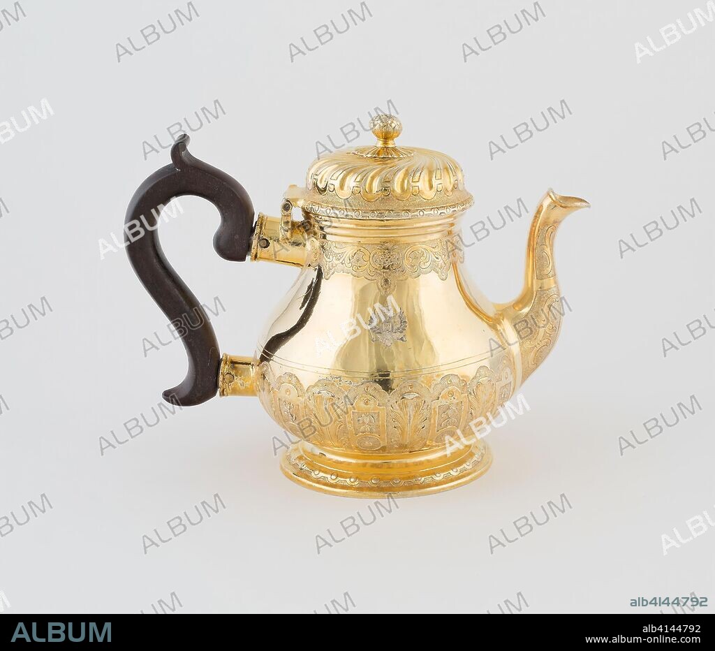 Teapot. Johann Köpping; Russian, d. 1783; Saint Petersburg, Russia. Date: 1773. Dimensions: H. 16.2 cm (6 3/8 in.). Silver gilt and wood. Origin: Saint Petersburg.