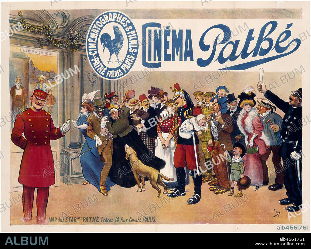 Affiche publicitaire 'Cinema Pathe', des spectateurs font la queue devant une salle de cinema, vers 1900. Une affiche annonce un film titre le Chien de l'Aveugle. Illustration FARIA CANDIDO DE (1849-1911). Credit : Coll. Perrin/KHARBINE-TAPABOR.