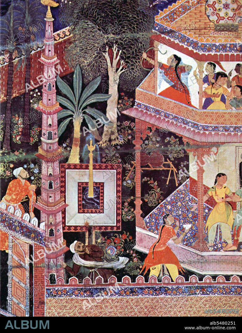The Hamzanama or Dastan-e-Amir Hamza (Adventures of Amir Hamza) narrates the mythical exploits of Amir Hamza, the uncle of the prophet of Islam. Most of the story is extremely fanciful, memorably described by the first Moghul Emperor Babur as: 'one long far-fetched lie, opposed to sense and nature'. Yet the Hamzanama proved enduringly popular with Babur's grandson, the third Mughal Emperor Akbar, who commissioned a magnificent illustrated version of the epic in c.1562, from which this miniature is taken. The text augmented the story, as traditionally told in dastan performances. This romance originated more than 1,000 years ago, probably in Persia, and subsequently spread throughout the Islamic world in oral and written forms. The Dastan (story telling tradition) about Amir Hamza persists far and wide up to Bengal and Arakan (Burma) due to Hamza's supposedly widespread travelling in Persia, eastern India, the Himalayas, Bengal, Manipur, Burma and perhaps Malaysia in his youth, or before he embraced Islam in 616.