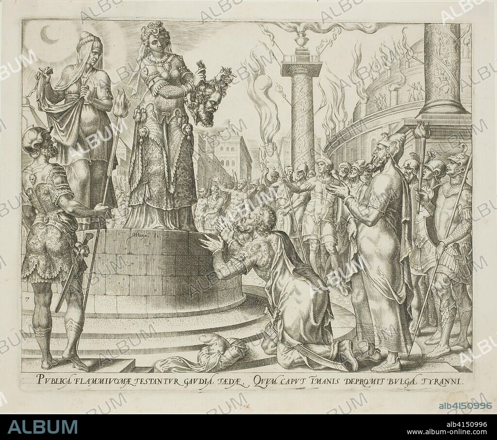 Judith Displaying Holofernes's Head to the People of Bethulia, plate seven from The Story of Judith and Holofernes. Philip Galle (Netherlandish, 1537-1612); after Maarten van Heemskerck (Dutch, 1498-1574). Date: 1564. Dimensions: 203 x 248 mm (image); 205 x 251 mm (plate); 227 x 275 mm (sheet). Engraving in black on ivory laid paper. Origin: Netherlands.