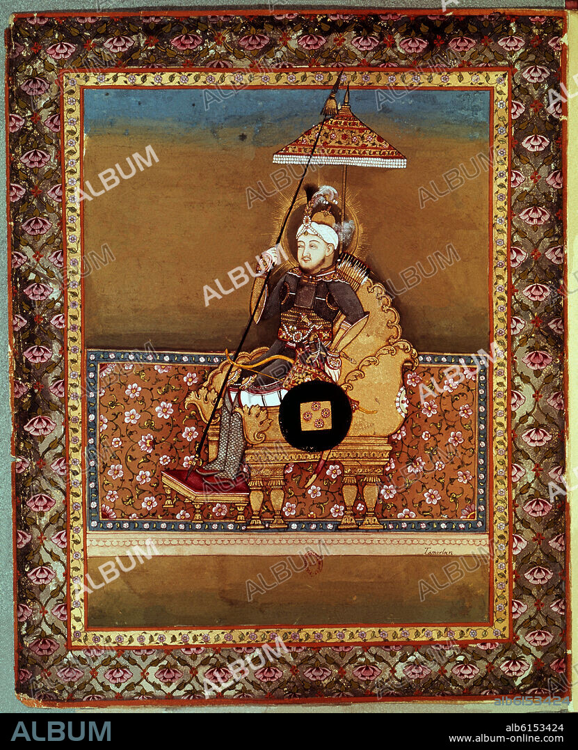 TIMUR LANG O TAMERLAN (1336-1405) EN SU TRONO - PINTURA MONGOLA - MINIATURA DEL SIGLO XVIII.