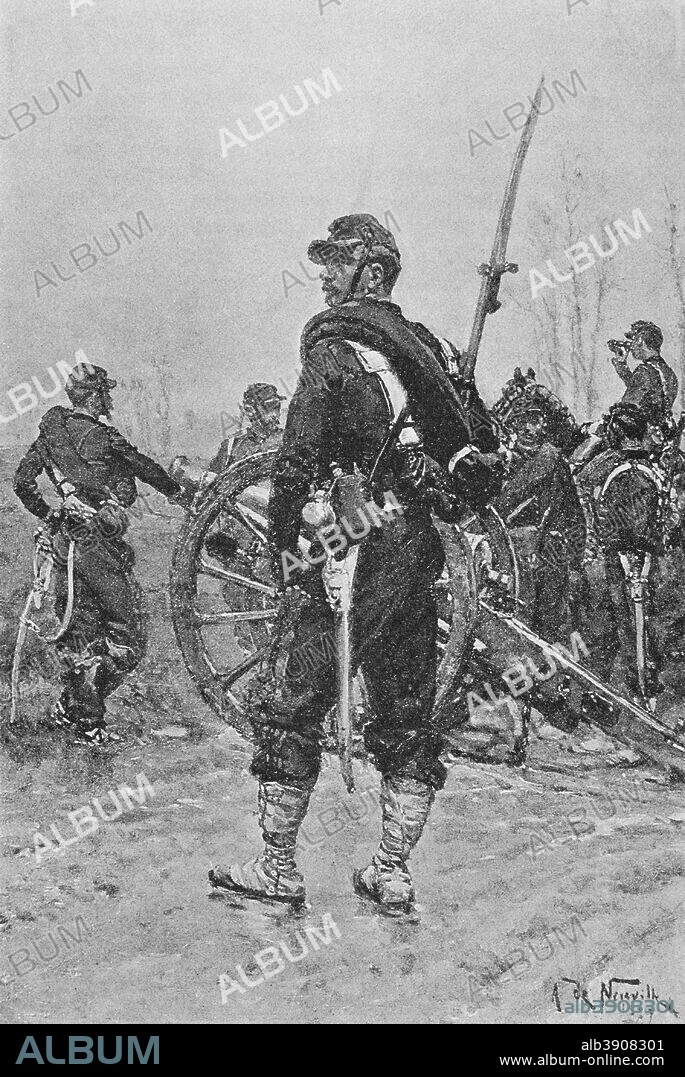 Guerra Franco-Prusiana (1870-1871). Artillero francés. Grabado. Original por Alphonse Marie de Neuville (1835-1885). En Campagne, por Jules Richard. Obra editada en París en 1885. Biblioteca Histórico Militar de Barcelona. Cataluña. España.