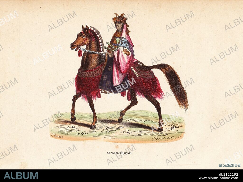 Japanese general or shogun, wearing helmet, kamishimo, kimono, and hakama, with two swords on his belt, riding a horse. Handcoloured woodcut by Pannemaker after an illustration by Clerman from Auguste Wahlen's "Moeurs, Usages et Costumes de tous les Peuples du Monde," Librairie Historique-Artistique, Brussels, 1845. Wahlen was the pseudonym of Jean-Francois-Nicolas Loumyer (1801-1875), a writer and archivist with the Heraldic Department of Belgium.