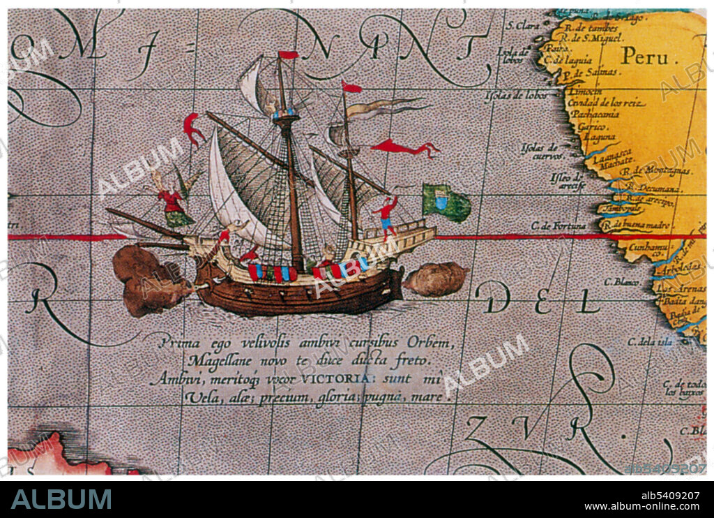 Victoria, the sole ship of Magellan's fleet to complete the circumnavigation. Detail from a map by Ortelius, 1589. Ferdinand Magellan (1480 - April 27, 1521) was a Portuguese explorer. Commanding a fleet of five vessels, he headed south through the Atlantic Ocean to Patagonia, passing through the Strait of Magellan into the Pacific Ocean. Despite a series of storms and mutinies, the expedition reached the Spice Islands in 1521 and returned home via the Indian Ocean to complete the first circumnavigation of the globe. Magellan did not complete the entire voyage, as he was killed during the Battle of Mactan in the Philippine islands.