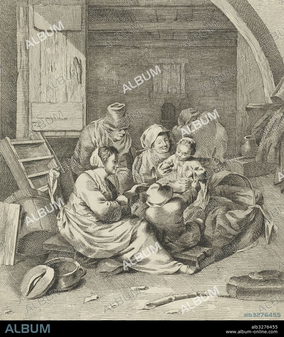 Interior with peasant family, Pierre Leonard Delfos, Cornelis Pietersz. Bega, 1776 - 1782.