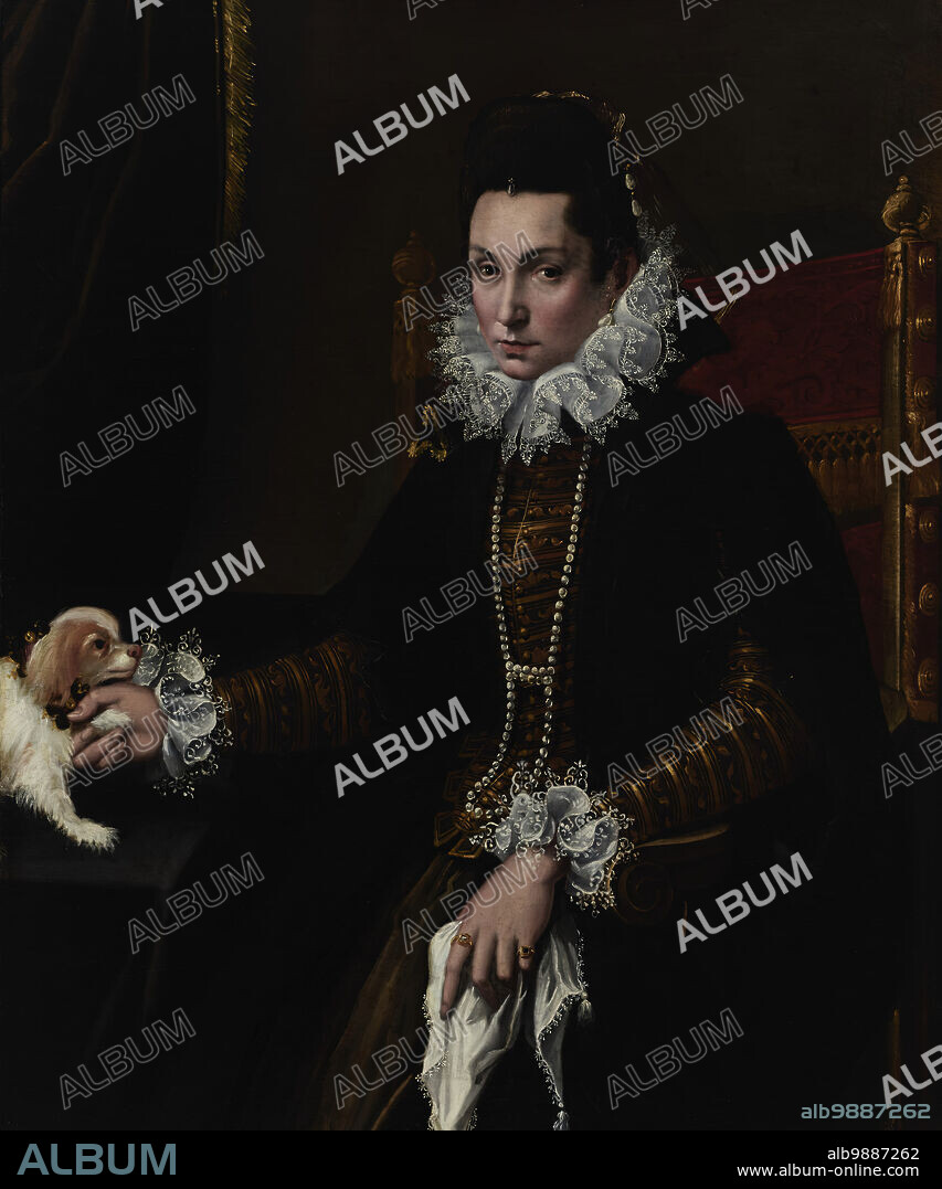 LAVINIA FONTANA. Portrait of Ginevra Aldrovandi Hercolani, c1595. Ginevra Aldrovandi's husband, the Bolognese senator Ercole Hercolani, died in 1593. Her elaborate mourning costume-with costly brocade, lace, and pearls-indicates her high social status. She holds a handkerchief, suggesting the tears she shed at her husband's death. The lapdog is her pet, but it also carries symbolic significance. During the 16th century, a widow who did not re-marry, staying faithful to her husband's memory, was often compared to a dog that was faithful to its master.