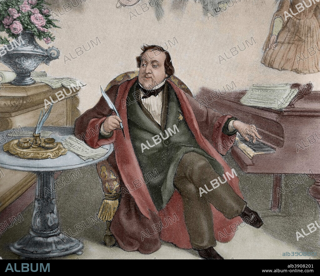Gioachino Rossini (1792-1868). Compositor italiano. Rossini sentado al piano, con pluma en la mano para componer. Grabado del siglo XIX. Coloreado.