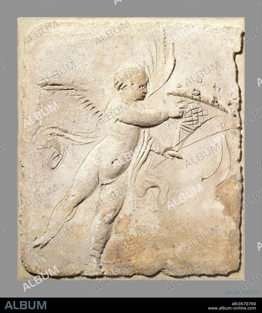 Stucco relief panel. Culture: Roman. Dimensions: H.: 13 1/2 x 11 3/4 in. (34.3 x 29.8 cm). Date: 2nd half of 1st century A.D..
Eros holds a large cornucopia and a thin wand-like stick. His wings are delineated with extraordinary economy and verve.