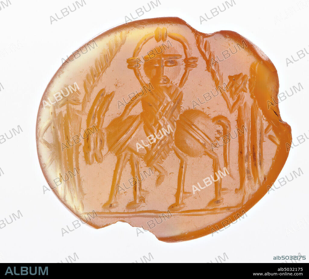 Vz: Our Lord (wrapped in pleated robes) runs sideways on a donkey to the left, with His right hand He holds the reins, around His head a striped nimbus, for Him and behind Him two figures with palm branches., gem, intaglio, carnelian, Color: light red, Shape: oval, Machined: back convex, Method: modeling with very large round bouterolle, detailing with several small and rounded wheel grooves., 6 x 5 mm, D. 3 mm, 2nd century B.C. - 7th century AD. -200 BC.