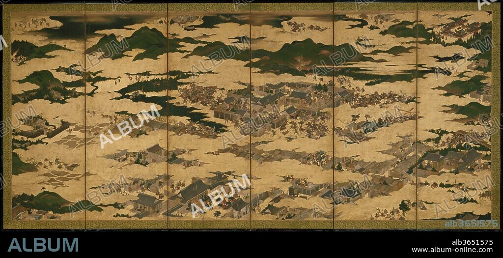 The Rebellions of the Hogen and Heiji Eras. Culture: Japan. Dimensions: Image (each screen): 60 15/16 x 140 in. (154.8 x 355.6 cm). Date: 17th century.
The Hogen Rebellion, which occurred in central Kyoto in the summer of 1156, involved a dispute over succession between Emperor Go-Shirakawa and former Emperor Sutoku. Although it lasted only a few hours, this skirmish, along with the later Heiji Rebellion, had far-reaching political and social consequences and marked the beginning of the medieval period, characterized by the rise of a warrior class. Progressing from right to left, the screen illustrates a number of legendary fighting scenes as narrated in The Tale of the Hogen Rebellion.
Scene One: Alliance Formed by Sutoku, Fujiwara no Yorinaga, and Minamoto no Tameyoshi (Fourth panel from left, bottom and center) 
Feeling neglected, Emperor Sutoku allies with the ambitious Minister of the Left, Fujiwara no Yorinaga, and the warrior Minamoto no Tameyoshi to strengthen his position. At the side of the elderly Tameyoshi is his son Tametomo, known for his imposing physique and legendary talent in archery.
Scene Two: Night Attack on Sutoku's Palace (Center)
In the middle of the night on July 9, Emperor Go-Shirakawa's men attack Emperor Sutoku's Shirakawa Palace, which is the climax of The Tale of Hogen Rebellion. The Minamoto and other warrior clans are divided, even within families, so that fathers are pitted against sons and brothers against brothers. The fight rages for four hours, leaving the palace compound in total chaos and fire.
Scene Three: The Escape of Fujiwara no Yorinaga (Sixth panel from left, bottom)
Yorinaga barely survives an arrow wound received during his escape from the palace. Hiding under a pile of brushwood on a boat, he is ferried to his father in Uji, who refuses to take Yorinaga into his care. Disillusioned, Yorinaga commits suicide by cutting off his tongue.
Scene Four: Sutoku's Exile to a Distant Island (Sixth panel from left, top)
Emperor Sutoku is exiled to a barren island in Sanuki, southwest of Kyoto. Isolated and confined to a small hut, he desperately seeks salvation by copying Buddhist sutras. Yet, when the court rejects his plea to dedicate the sutras to a temple near the city, he is no longer able to maintain his sanity and dies of madness.
Scene Five: The Final Demise of Minamoto no Tametomo (Third panel from left, top)
After being captured by Emperor Go-Shirakawa's army, Tametomo, famed for his archery skills, suffers a permanent injury to his arm and is banished to the remote island of Izu Oshima, east of the capital of Kyoto. Some fourteen years after the Hogen Rebellion, the imperial troops invade the island. Tametomo reveals his regained archery skills by sinking one of the ships with a single arrow, but, aware of his utter lack of armed support, he commits ritual suicide.