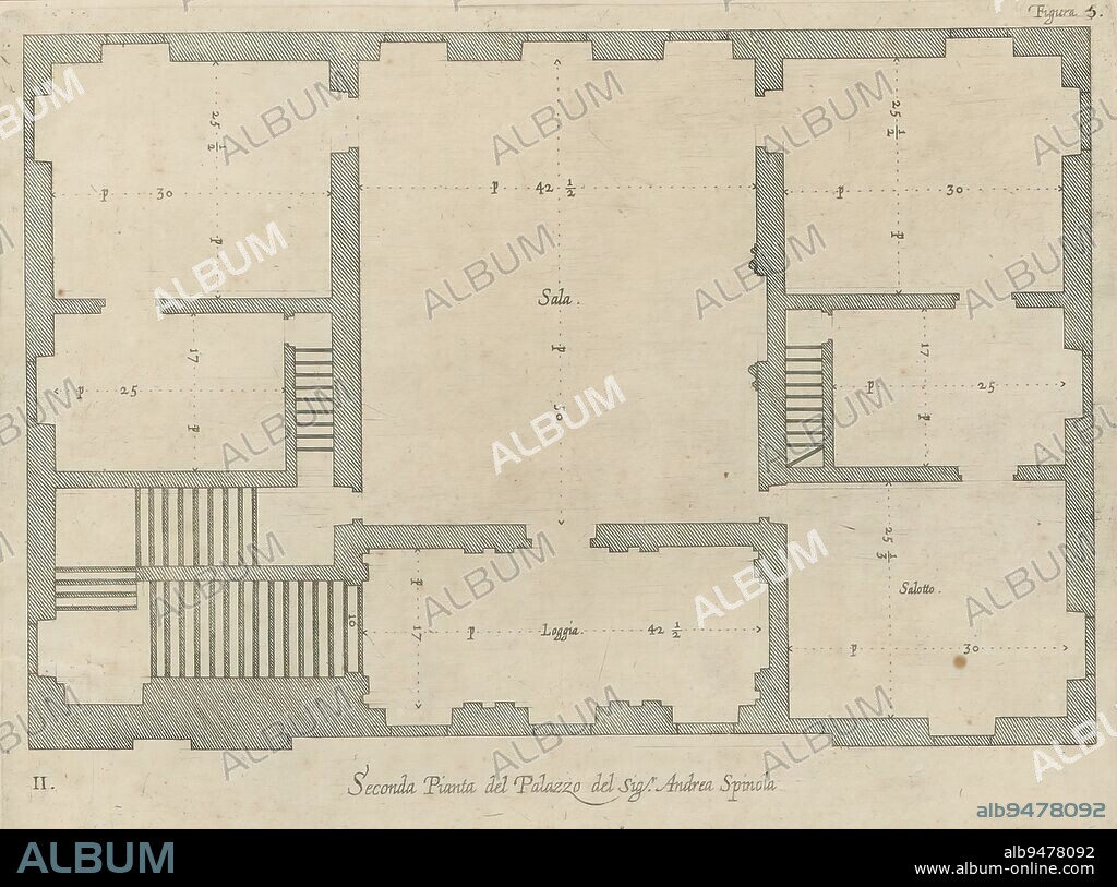 Plan of the second floor of the Palazzo Gambaro in Genoa, Seconda pianta del Palazzo del sigr. Andrea Spinola (title on object), This print is part of an album., print maker: Nicolaes Ryckmans, publisher: Peter Paul Rubens, Spaanse kroon, Antwerp, 1622, paper, engraving, height 201 mm × width 270 mm, height 583 mm × width 435 mm.