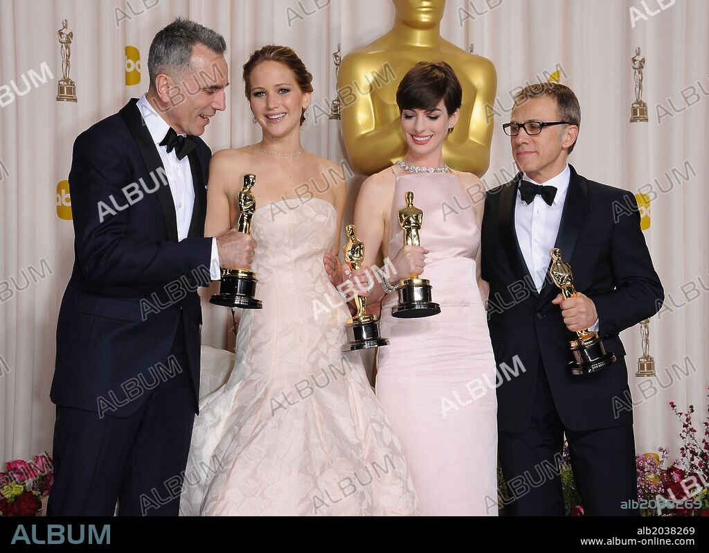 DANIEL DAY-LEWIS, ANNE HATHAWAY, JENNIFER LAWRENCE and CHRISTOPH WALTZ. Feb. 24, 2013 - Hollywood, California, U.S. - Daniel Day Lewis, Jennifer Lawrence, Anne Hathaway & Christoph Waltz in the press room at the 85th Annual Academy Awards Dolby Theatre. 24/02/2013