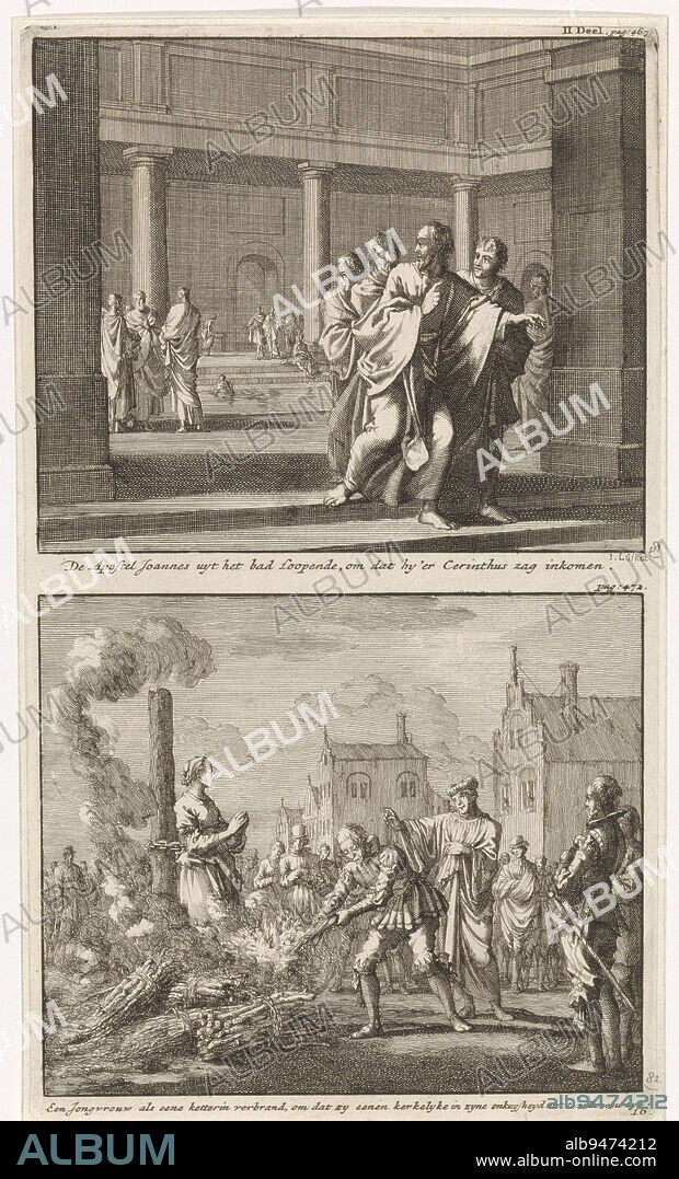 Two representations on one slide. Above: the apostle John flees with some friends from the baths at Ephesus, when he notices the heretic Cerinthus among the bathers. Below: a woman is burned as a heretic because she did not respond to the advances of a clergyman. The executioner lights the funeral pyre with a torch, John and the heretic Cerinthus in the bathhouse and the burning of an innocent woman The Apostle John from the bath Running because he saw Cerinthus come in / A young woman burned as a heretic because she would not please a churchman in his onkuysheyd , print maker: Jan Luyken, (mentioned on object), publisher: Jacobus van Hardenberg, bookseller: Barent Visscher, Amsterdam, 1701, paper, etching, h 274 mm × w 158 mm.