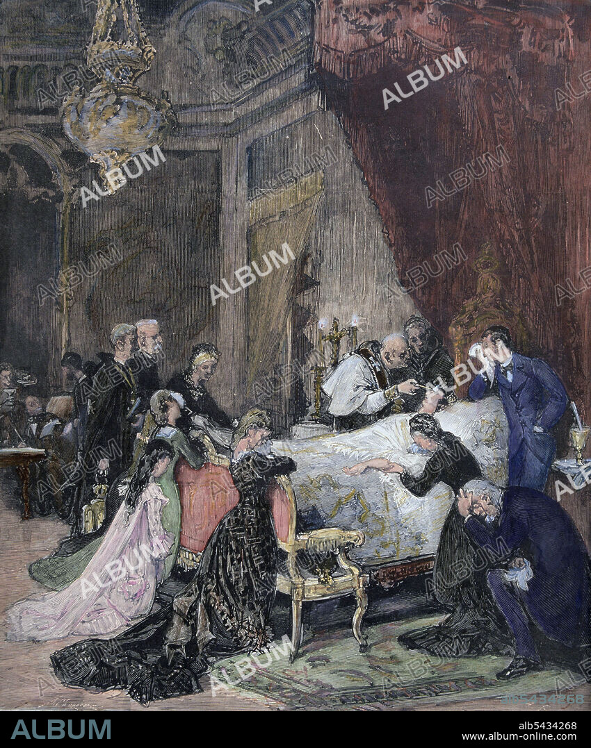 MARIA DE LAS MERCEDES ORLEANS Y BORBON. REINA DE ESPAÑA. 1860 - 1878. ESPOSA DE ALFONSO XII. " LA REINA RECIBE LA EXTREMAUNCION ". DIBUJO DE ALEJANDRO FERRANT. ILUSTRACION ESPAÑOLA Y AMERICANA.