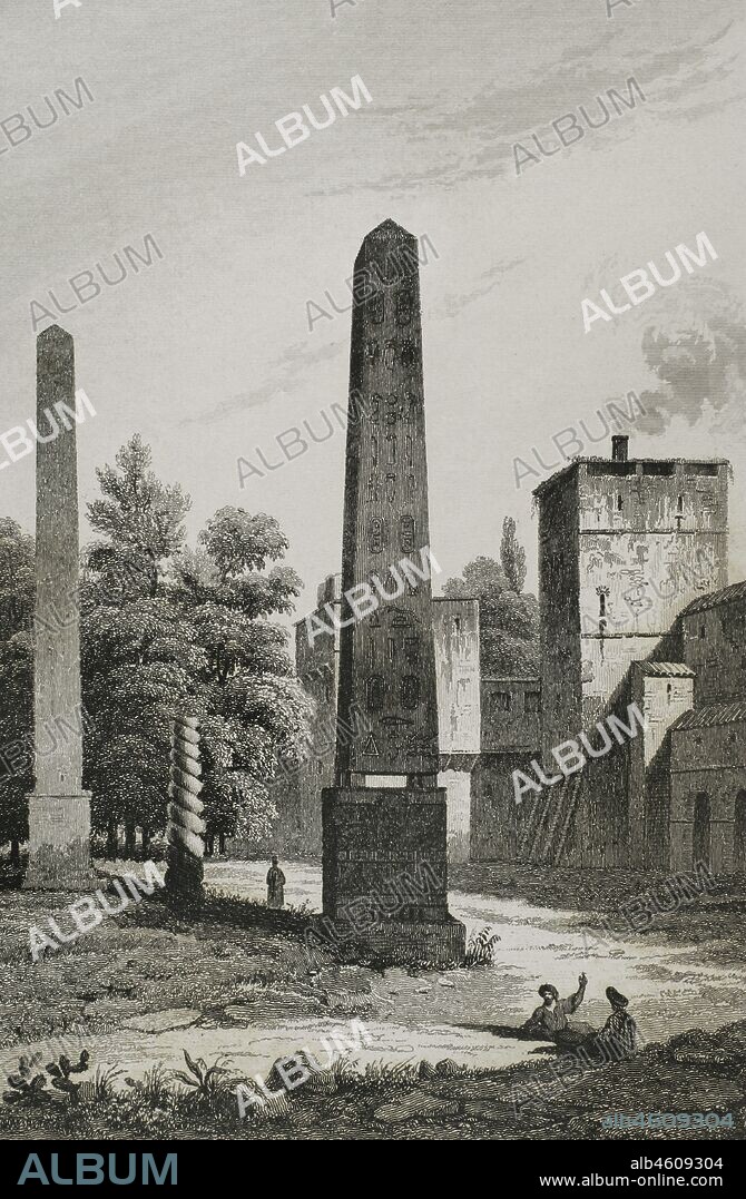 Imperio Otomano. Turquía. Constantinopla (actual Estambul). Vista del antiguo Hipódromo (circo romano) de la antigua Bizancio, con los restos del obelisco de Teodosio, la columna de las serpientes y el obelisco de Constantino. Grabado por Lemaitre, Vormser y S. Cholet. Historia de Turquía, por Joseph Marie Jouannin (1783-1844) y Jules Van Gaver. Panorama Univeral, edición española de 1840.