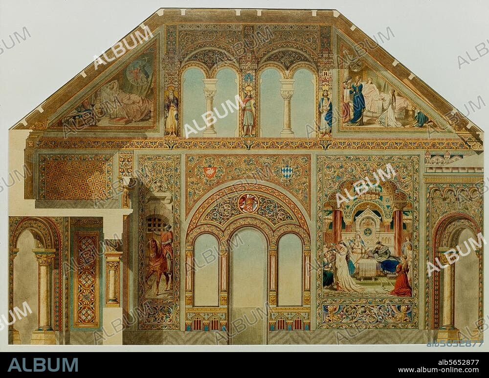 Schloß Neuschwanstein (Kreis Füssen), (1869-86 erb. unter Ludwig II. von Bayern). Aufriß der östlichen Stirnwand des Sängersaales. Zeichnung, 1883, von Julius Hofmann. (1840-1896) und August Spieß (1841-1923). Aquarell mit Gold auf Papier, 50,7 × 71 cm. München, Staatl. Schlösser und Gärten.