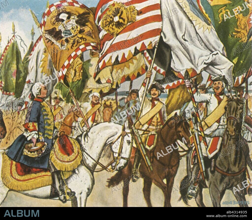 Victory celebration at Hohenfriedberg, 4 June 1745, (1936). 'Im Siegesjubel Von Hohenfriedberg. 4 Juni 1745'. Crown Prince Frederick (future King Frederick the Great of Prussia, 1712-1786) defeated the Austrian army at the Battle of Hohenfriedberg (now Dobromierz, in Poland). From "Bilder Deutscher Geschichte", (Pictures of German History), No.12, cigarette card album. [Cigaretten-Bilderdienst, Altona-Bahrenfeld, Hamburg, Germany, 1936].