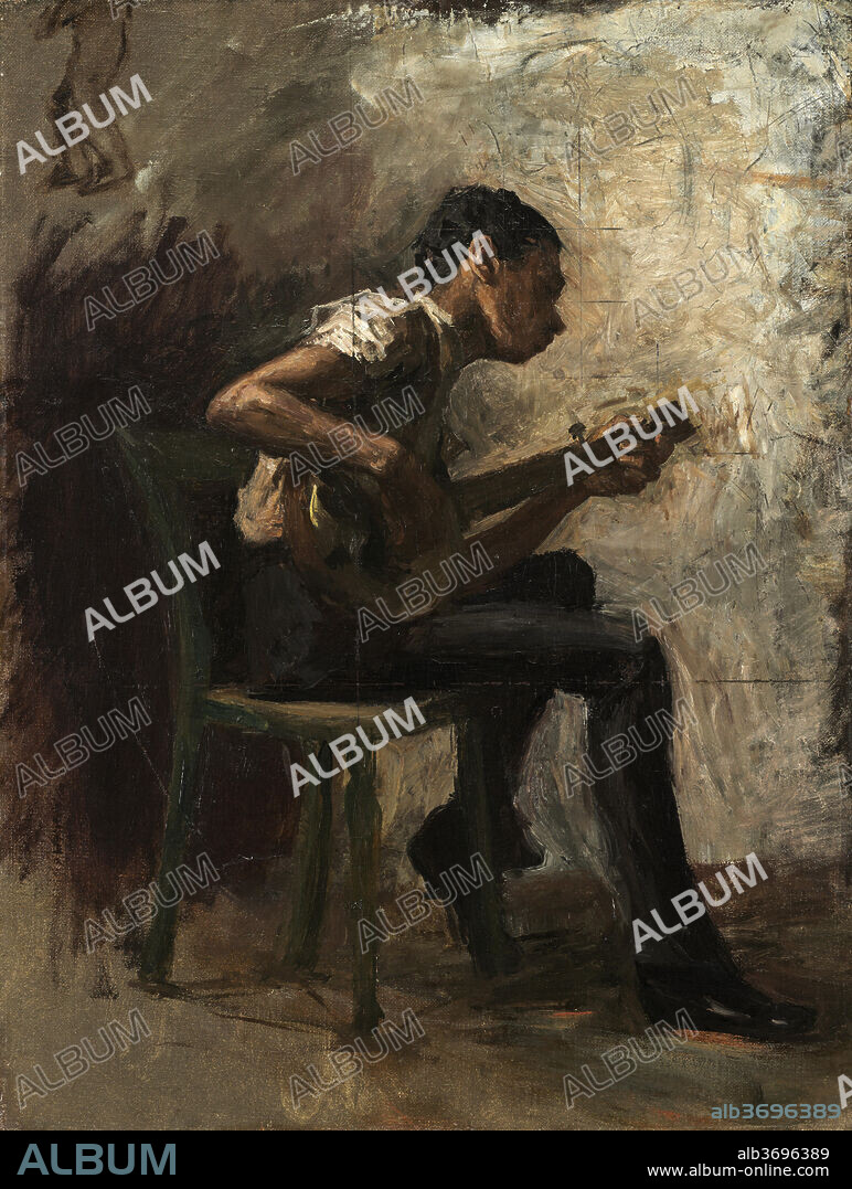 THOMAS EAKINS. Study for "Negro Boy Dancing": The Banjo Player. Dated: probably 1877. Dimensions: overall: 49.5 x 37.9 cm (19 1/2 x 14 15/16 in.)  framed: 57.9 x 45.7 x 3.5 cm (22 13/16 x 18 x 1 3/8 in.). Medium: oil on canvas on cardboard.