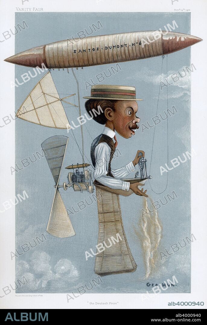 Alberto Santos-Dumont, Brazilian aviation pioneer, 1901. Santos-Dumont (1873-1932) made his first flight in the balloon 'Brasil' in 1898, and later that year his second balloon, 'America', remained in the air for 22 hours, winning him the Aero Club of Paris award. He solved the problem of steering airships when he circumnavigated the Eiffel Tower in his 'Santos-Dumont no. 6' dirigible in 1901 (pictured), for which he was awarded the Deutsch Prize. He later moved on to designing aeroplanes, and his '14 bis', an aeroplane with box-kite wings and tail which flew tail first made the first successful officially observed aeroplane flight in Europe in November 1906. His most successful aeroplane was the 'Demoiselle', built in 1909, which became a favourite with sporting pilots. Santos-Dumont became increasingly disillusioned with the use of aviation in warfare, and returned to Brazil, committing suicide in 1932. Cartoon from Vanity Fair, London, 14 November 1901.