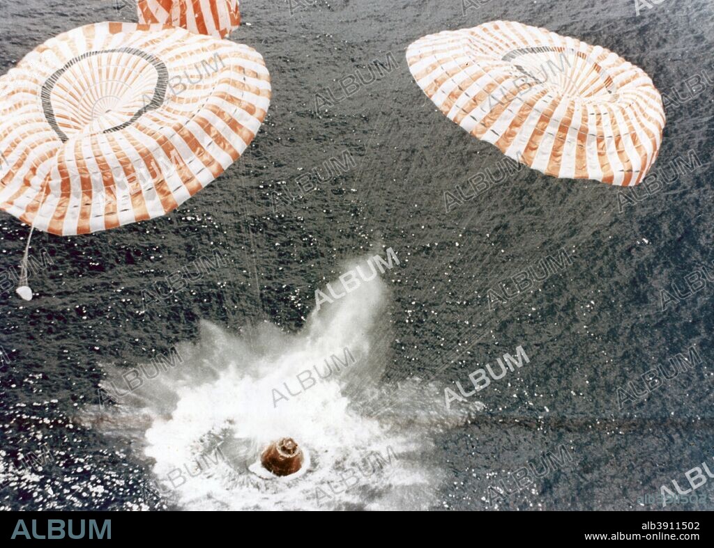 The Apollo 15 capsule lands safely despite a parachute failure, Mid-Pacific Ocean, 7th August 1971.