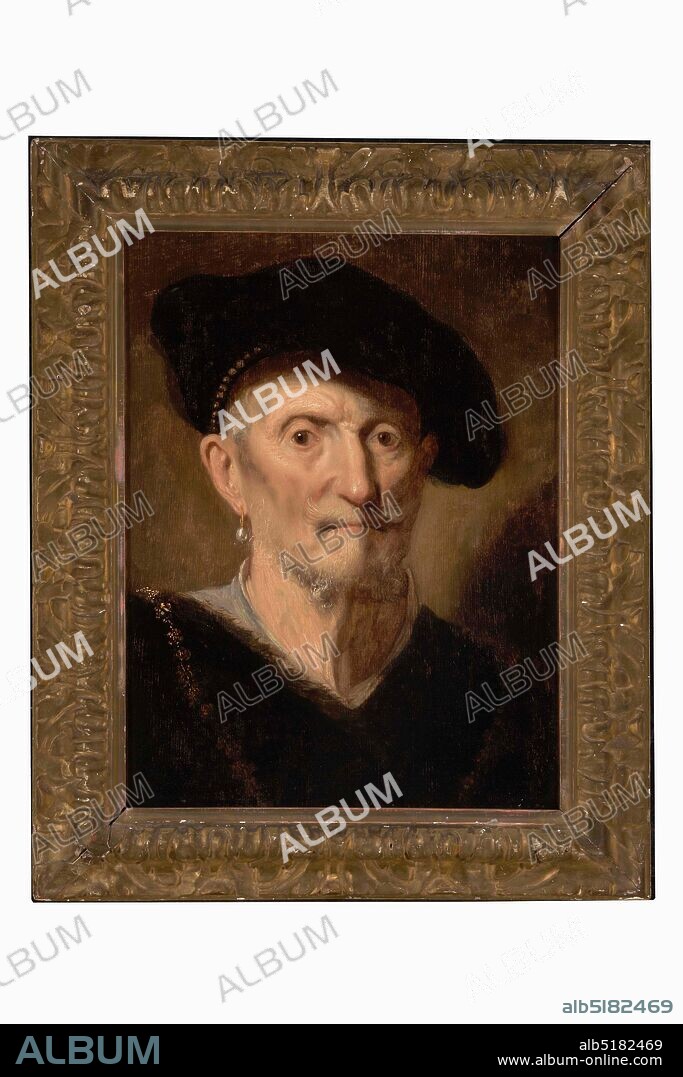 painting, Jacques des Rousseaux, first half 17th century, panel, oil paint, painted, Carrier: 48.8 × 36.9 × 0.7cm (488 × 369 × 7mm), With frame: 60.5 × 49.3 × 3.5cm (605 × 493 × 35mm), man's portrait, Portrait of an old man. The man is depicted as a bust, straight in front and looking at the viewer. He wears a beret on his balding head. He is also dressed in a black jacket with a gray shirt underneath. He wears a mustache and a beard. Not signed. The painting is in a gilded wooden frame. On the back of the panel is a handwritten 18th century label Rembrandt pinx, 1981.