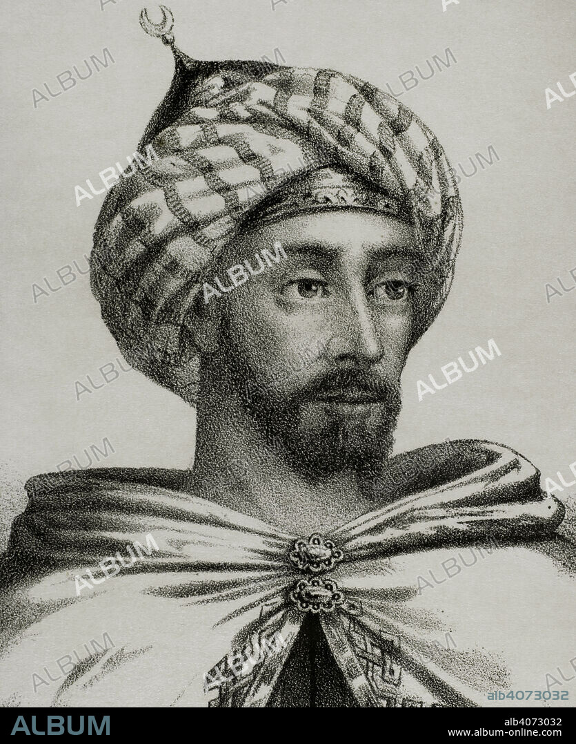 Abu Addallah Muhammad XII (1459-1533), known in Europe as Boabdil. Last Nasrid ruler of the Emirate of Granada in Iberia. His first reign was between 1482 and 1483; his second between 1487 and 1492. Portrait. Lithography. Detail. "Cronica General de España, Historia Ilustrada y Descriptiva de sus Provincias. Andalucia", 1869.