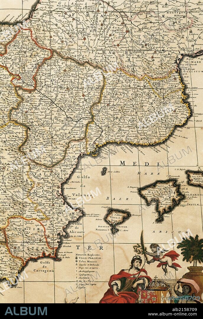 Map of the Principality of Catalonia, Kingdoms of Navarre, Aragon, Valencia, Murcia and the Balearic Islands. Atlas by Frederik de Wit (1630-1706). Amsterdam, 17th century.