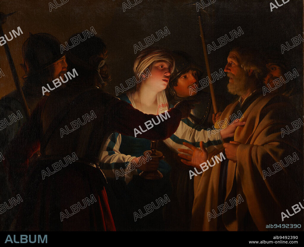 The Denial of St. Peter, c. 1623, Gerrit van Honthorst, Dutch, 15921656, 43 1/2 x 57 in. (110.49 x 144.78 cm) (canvas)54 x 68 1/2 in. (137.16 x 173.99 cm) (outer frame), Oil on canvas, Netherlands, 17th century, This painting illustrates a scene from the Christian Bible. A young maidservant accuses the apostle Peter, in the yellow cloak, of knowing Jesus. Fearing for his own safety, Peter denies the acquaintance.
