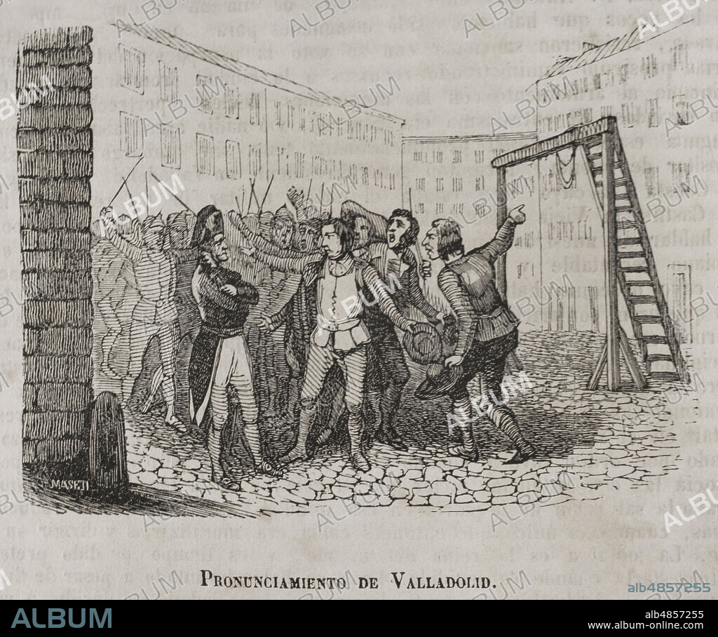 España. Guerra de la Independencia Española. El 31 de mayo de 1808 una muchedumbre de ciudadanos de Valladolid, salpìcada de soldados, se concentró en las calles y plazas de la ciudad vitoreando a Fernando VII y exigiendo, frente a las Casas Consistoriales, el alistamiento general, la entrega de armas para luchar contra los franceses y la proclamación de Fernando VII. "Pronunciamiento de Valladolid". Grabado. Historia del Levantamiento, Guerra y Revolución de España, por el conde de Toreno. Madrid,1852.