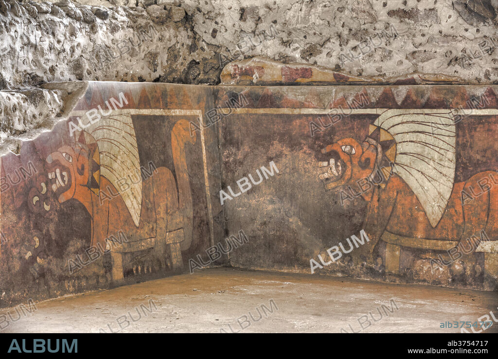 Wall Mural of Jaguars, Palace of Tetitla, Teotihuacan Archaeological Zone, UNESCO World Heritage Site, State of Mexico, Mexico, North America.