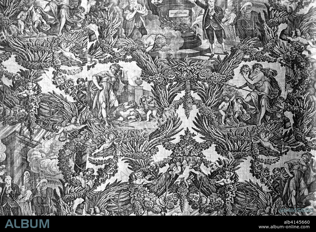 Garrick and Shakespeare with Tragedy and Comedy (Furnishing Fabric). After a painting by Robert Edge Pine (English, c. 1730-1788) Engraved by Caroline Watson (English, 1760-1814); England. Date: 1782-1790. Dimensions: 199.8 × 112.4 cm (78 5/8 × 44 3/4 in.)
Warp repeat: 87 cm (34 1/4 in.). Cotton, plain weave; engraved roller printed. Origin: England.